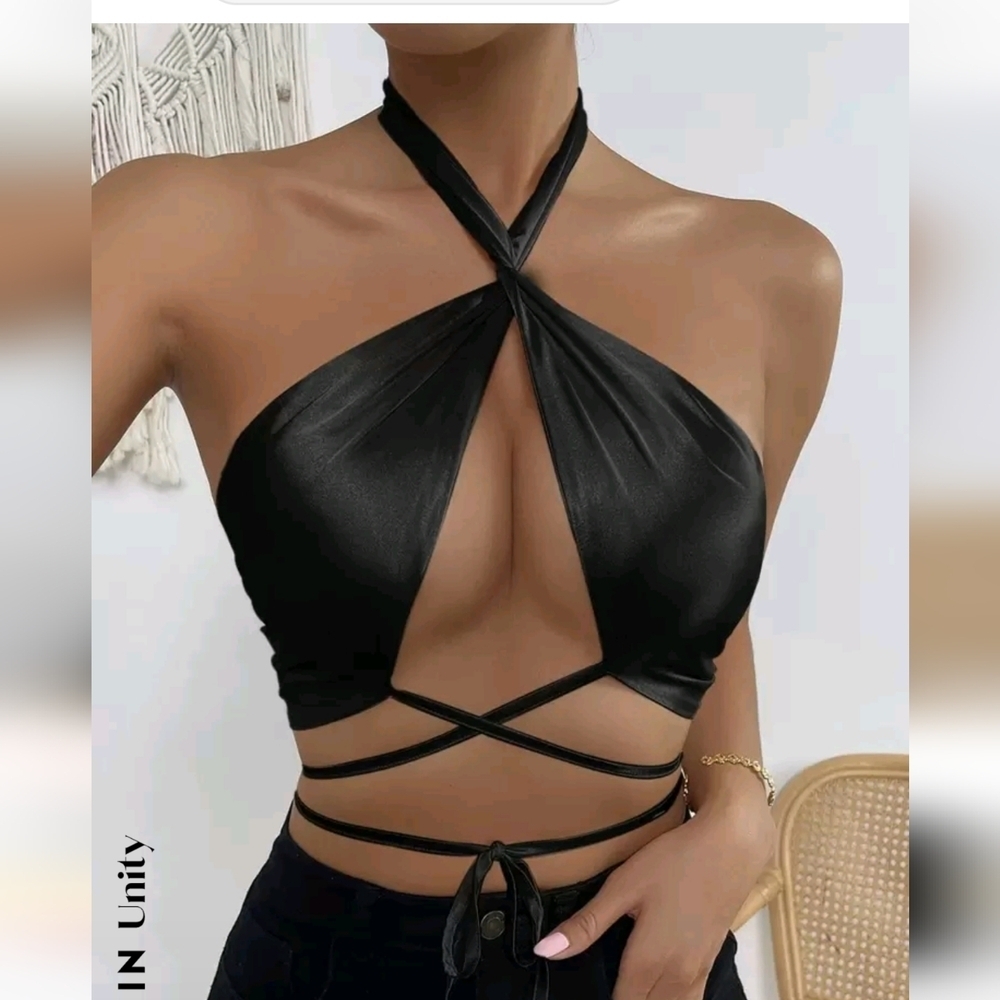 Black Satin Tie Versatile Top​​